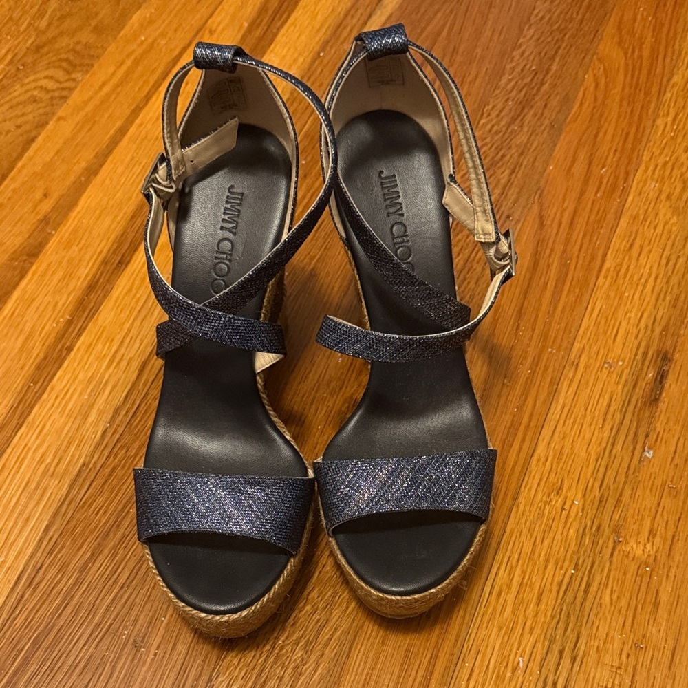 Jimmy Choo Portia Metallic Denim Wedge 🆕 never worn